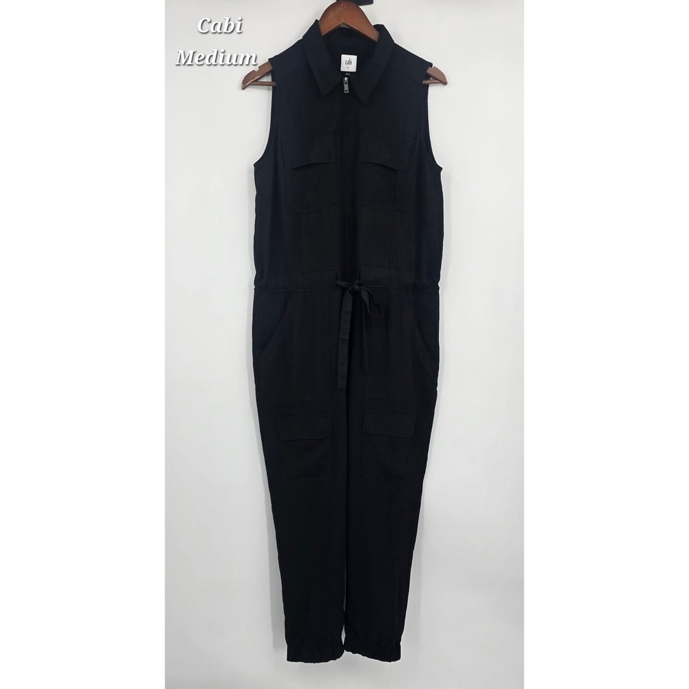 Cabi Caper Black Utility Cargo Jumpsuit Sleeveless Zip Front Minimalist Workwear